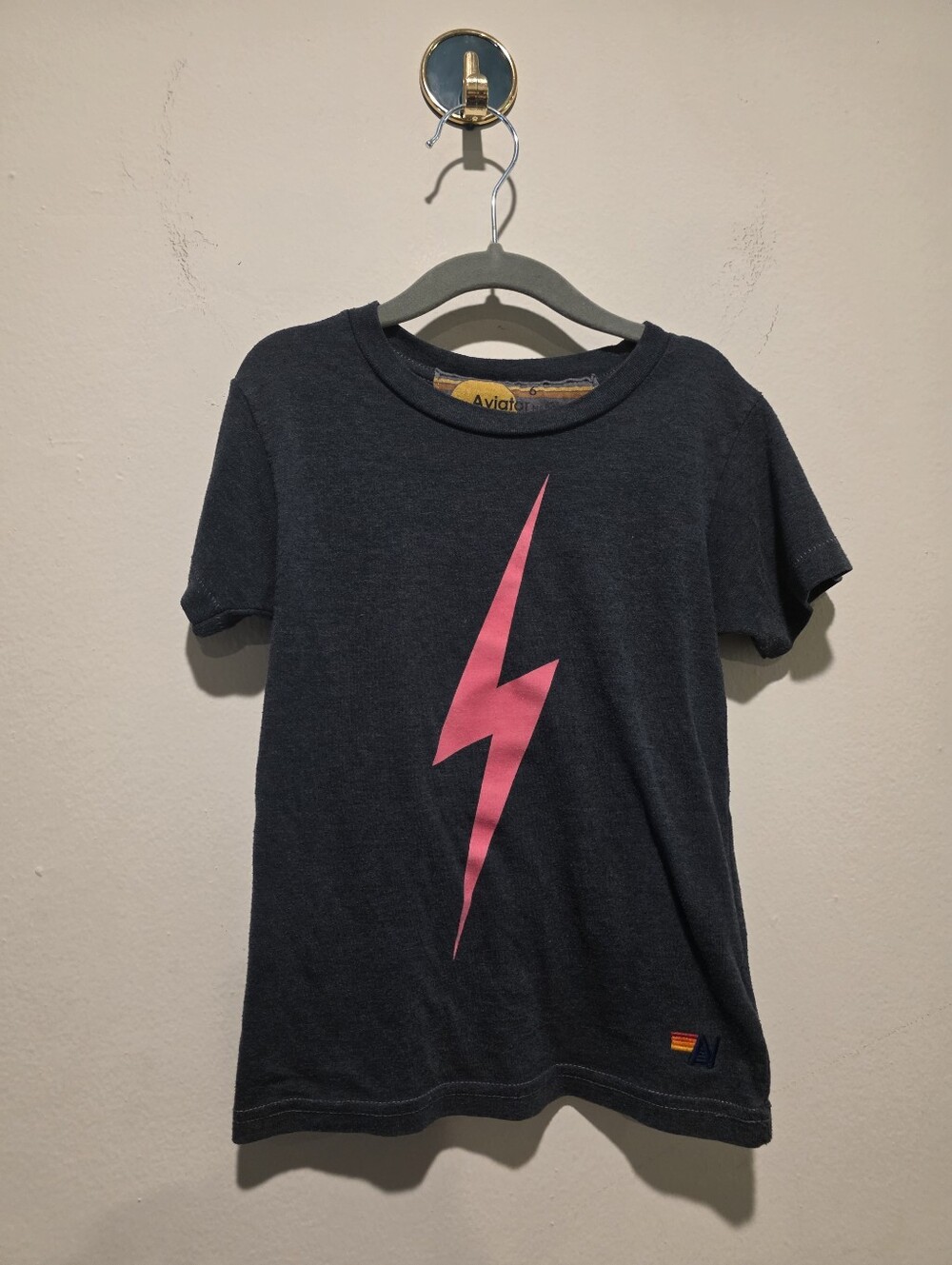 Aviator Nation Kids Black Tee with Pink Lightning Bolt Graphic